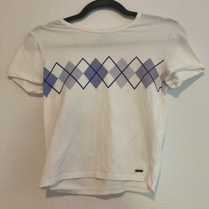 White Hollister Cropped Baby Tee with Blue Argyle Print